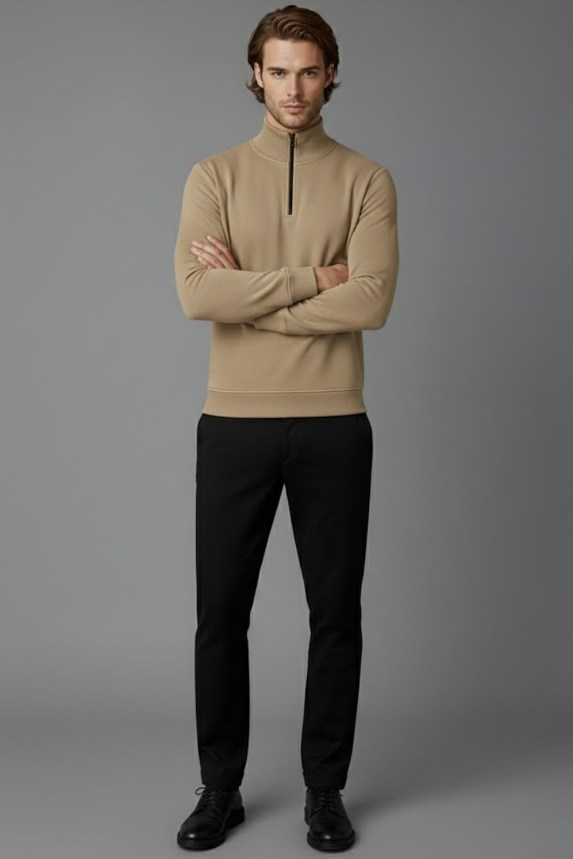 Unisex Kışlık Açık Kahve Yarım Fermuarlı Dik Yaka 2 İplik Basic Sweatshirt