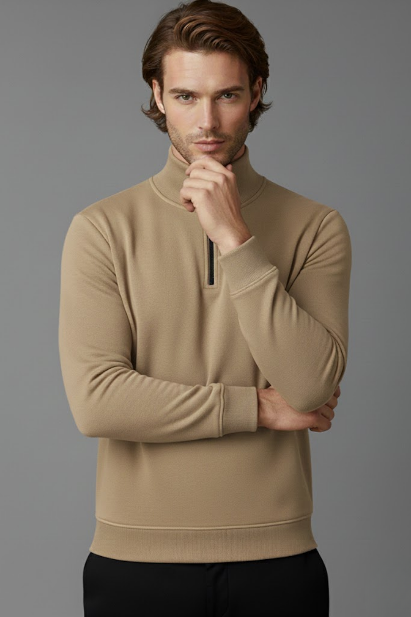 Unisex Kışlık Açık Kahve Yarım Fermuarlı Dik Yaka 2 İplik Basic Sweatshirt