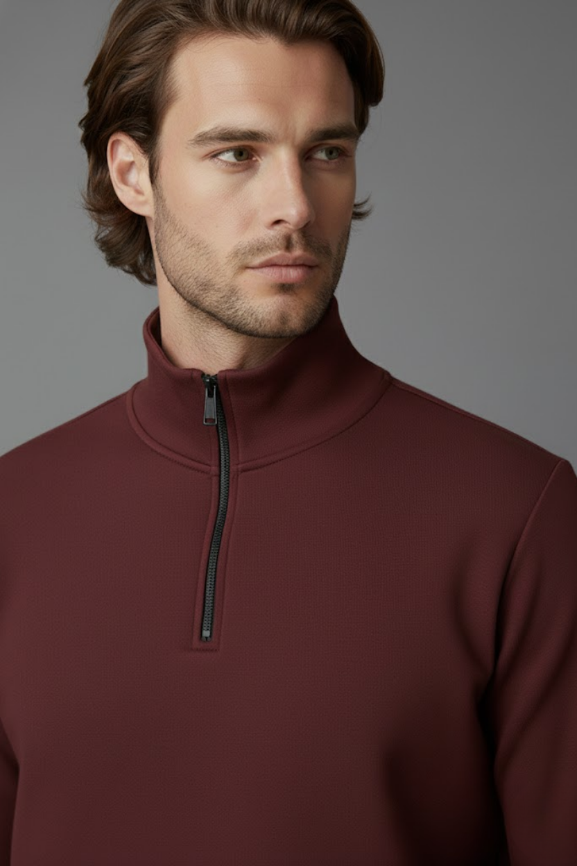 Unisex Kışlık Bordo Yarım Fermuarlı Dik Yaka 2 İplik Basic Sweatshirt