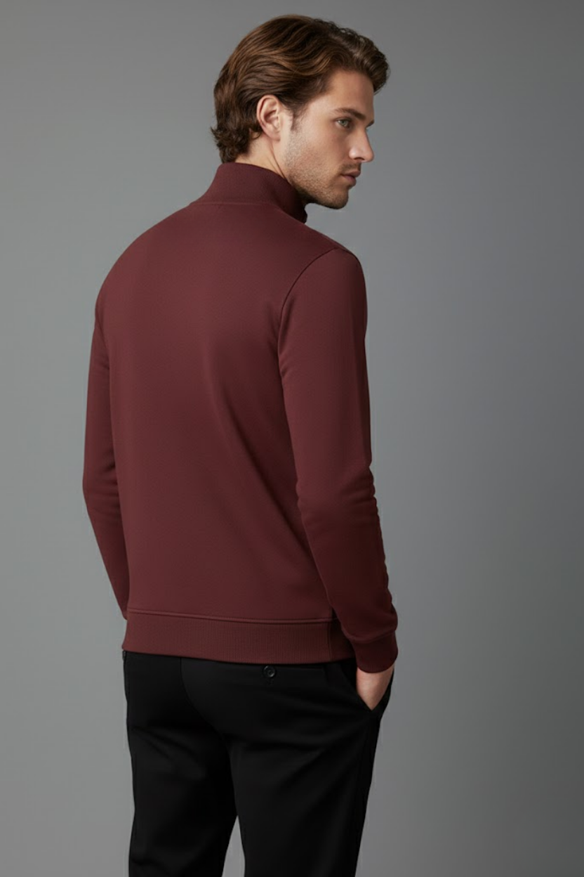 Unisex Kışlık Bordo Yarım Fermuarlı Dik Yaka 2 İplik Basic Sweatshirt