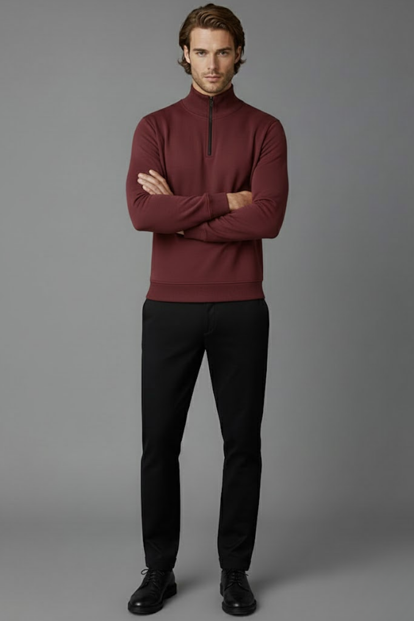 Unisex Kışlık Bordo Yarım Fermuarlı Dik Yaka 2 İplik Basic Sweatshirt