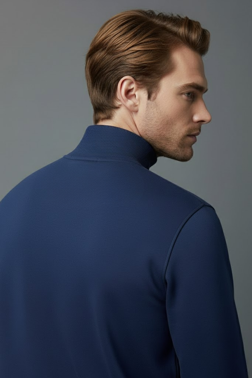 Unisex Kışlık Mavi Yarım Fermuarlı Dik Yaka 2 İplik Basic Sweatshirt