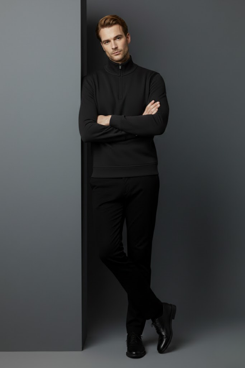 Unisex Kışlık Siyah Yarım Fermuarlı Dik Yaka 2 İplik Basic Sweatshirt