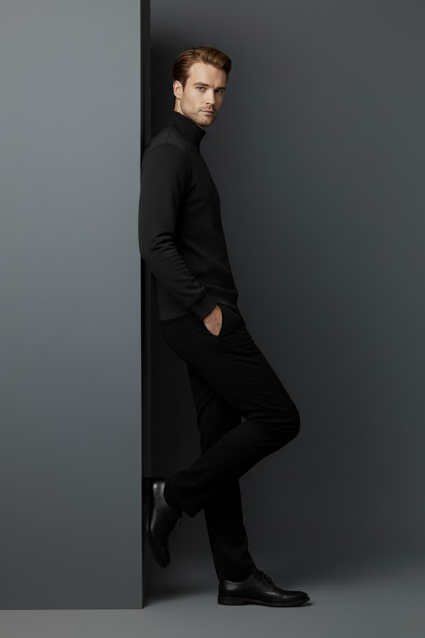 Unisex Kışlık Siyah Yarım Fermuarlı Dik Yaka 2 İplik Basic Sweatshirt