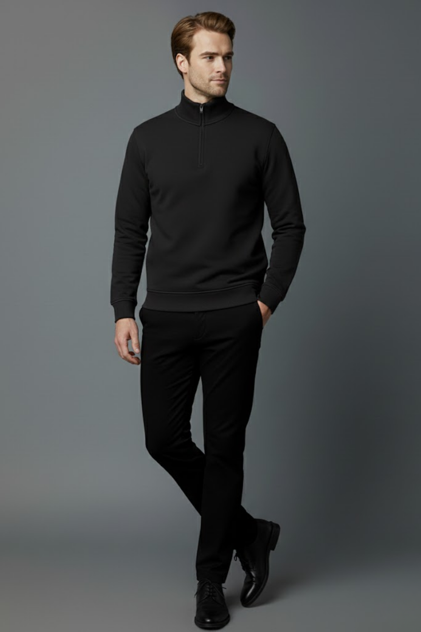 Unisex Kışlık Siyah Yarım Fermuarlı Dik Yaka 2 İplik Basic Sweatshirt