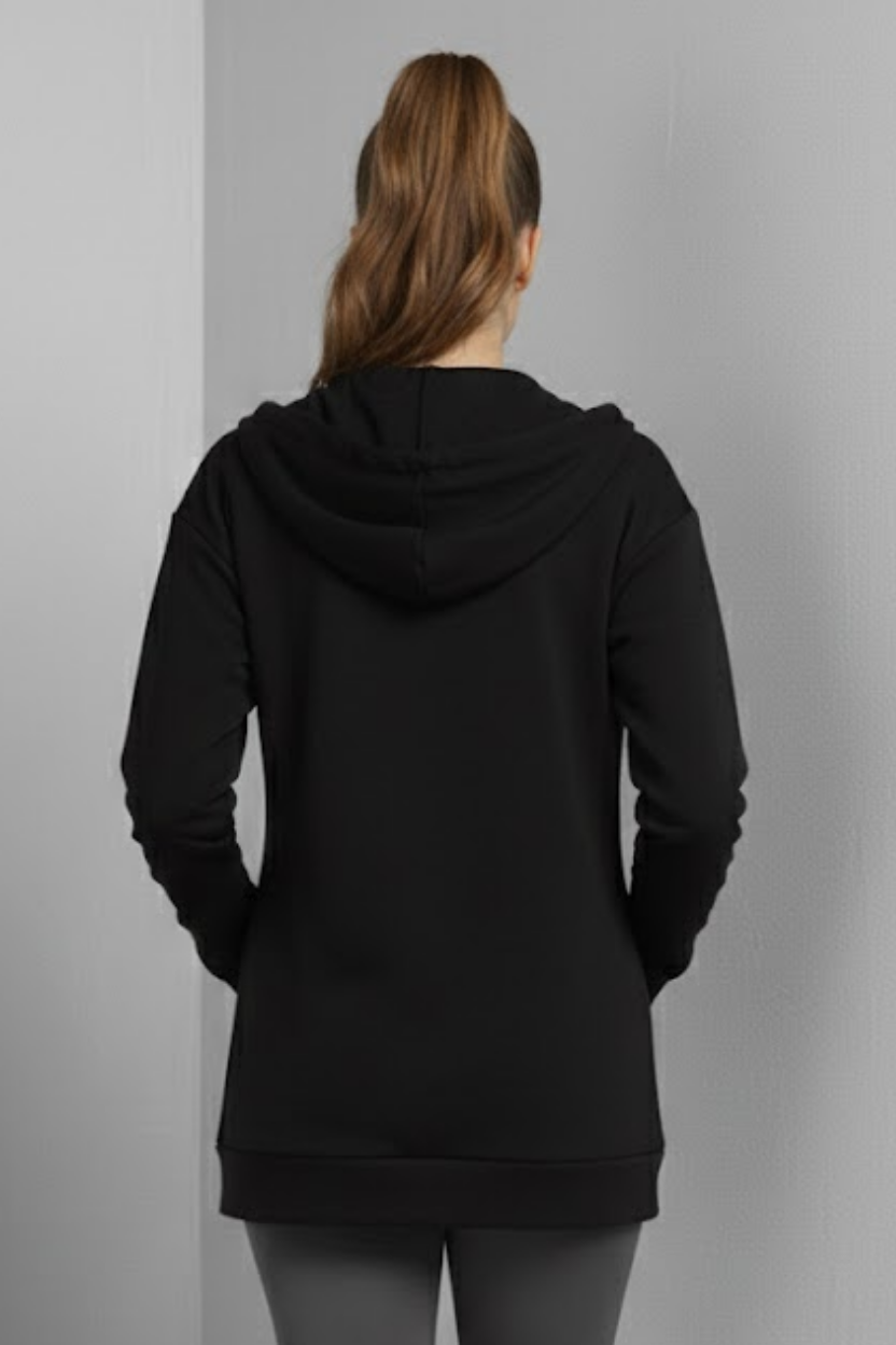 Unisex Siyah Oversize Kalıp 2 İplik Kapüşonlu Fermuarlı Sweatshirt Ceket Hırka