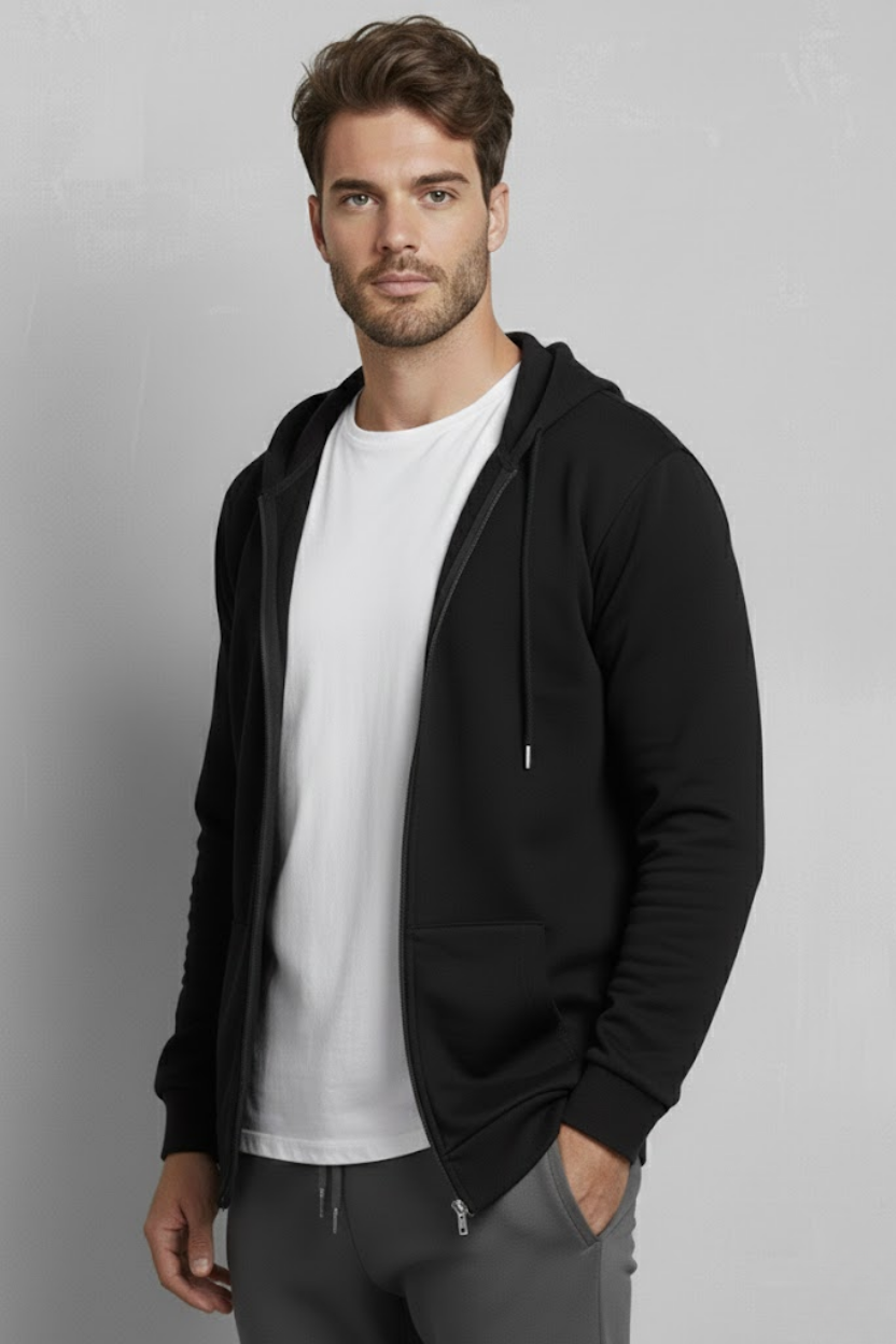 Unisex Siyah Oversize Kalıp 2 İplik Kapüşonlu Fermuarlı Sweatshirt Ceket Hırka