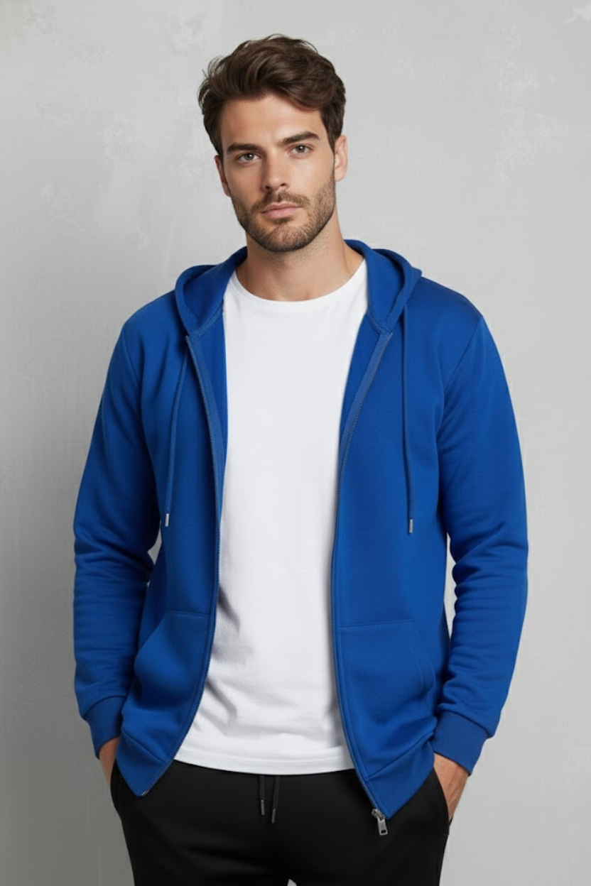 Unisex Saks Mavi Oversize Kalıp 2 İplik Kapüşonlu Fermuarlı Sweatshirt Ceket Hırka