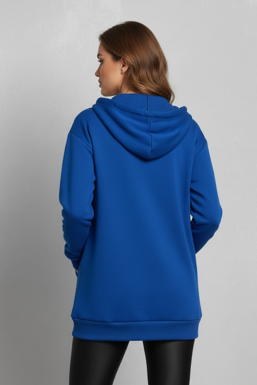 Unisex Saks Mavi Oversize Kalıp 2 İplik Kapüşonlu Fermuarlı Sweatshirt Ceket Hırka