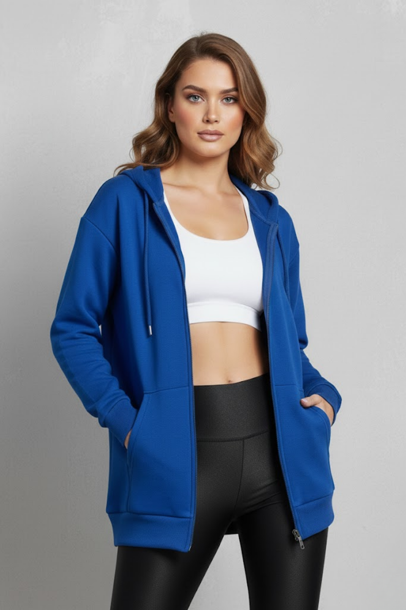 Unisex Saks Mavi Oversize Kalıp 2 İplik Kapüşonlu Fermuarlı Sweatshirt Ceket Hırka