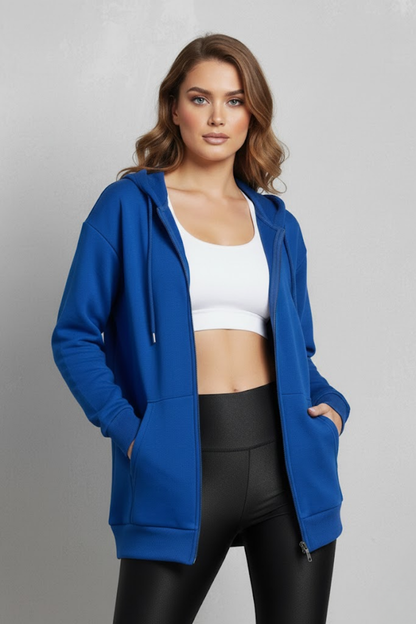 Unisex Saks Mavi Oversize Kalıp 2 İplik Kapüşonlu Fermuarlı Sweatshirt Ceket Hırka