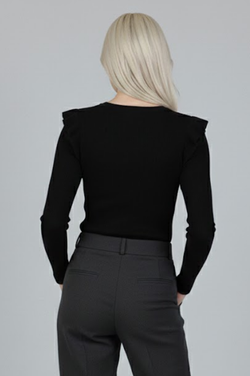 Siyah Kaşkorse Uzun Kollu Fırfırlı Omuz Detaylı Pamuklu Ribana Bluz
