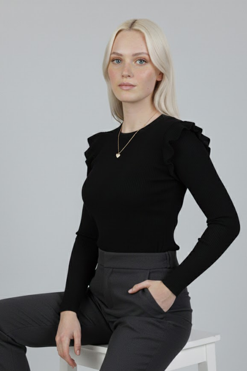 Siyah Kaşkorse Uzun Kollu Fırfırlı Omuz Detaylı Pamuklu Ribana Bluz