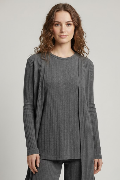 Kadın Gri Ribanalı Üçlü Takım Uzun Hırka Bisiklet Yaka Bluz Lastikli Boru Paça Pantolon