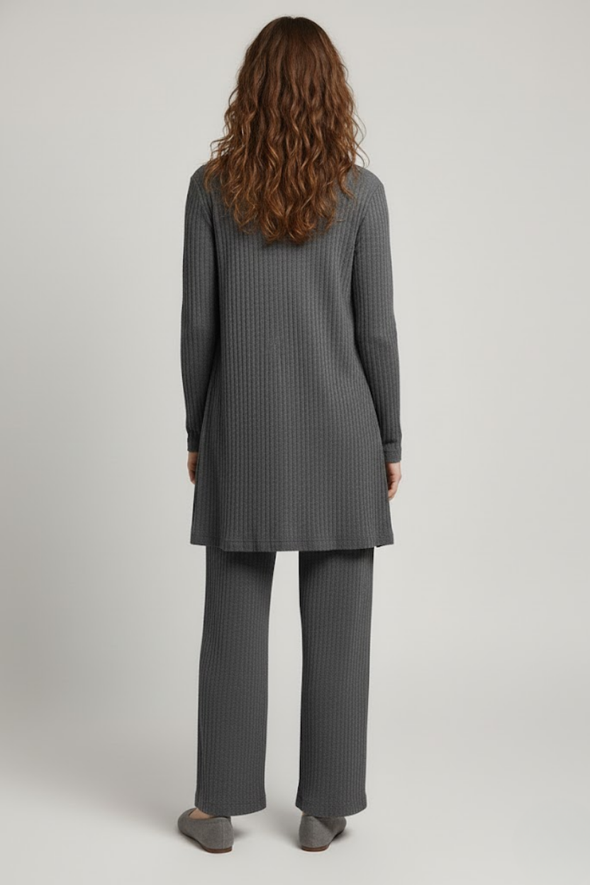 Kadın Gri Ribanalı Üçlü Takım Uzun Hırka Bisiklet Yaka Bluz Lastikli Boru Paça Pantolon