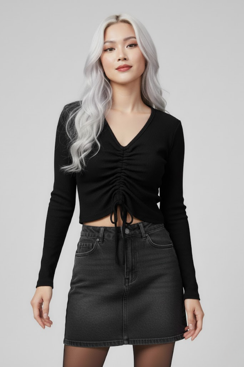 Siyah Uzun Kollu Kaşkorse Crop Bluz Büzgülü V Yaka