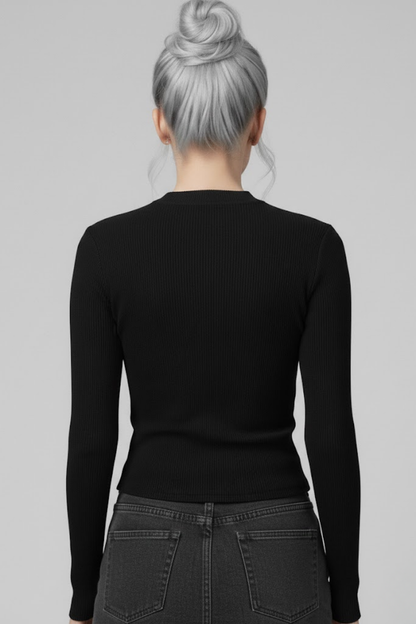 Siyah Uzun Kollu Kaşkorse Crop Bluz Büzgülü V Yaka