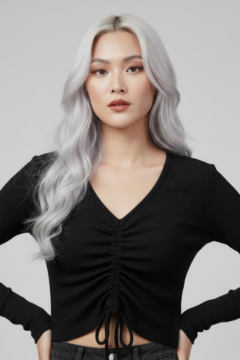 Siyah Uzun Kollu Kaşkorse Crop Bluz Büzgülü V Yaka