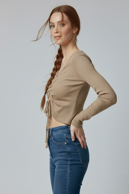 Sütlü Kahve Uzun Kollu Kaşkorse Crop Bluz Büzgülü V Yaka