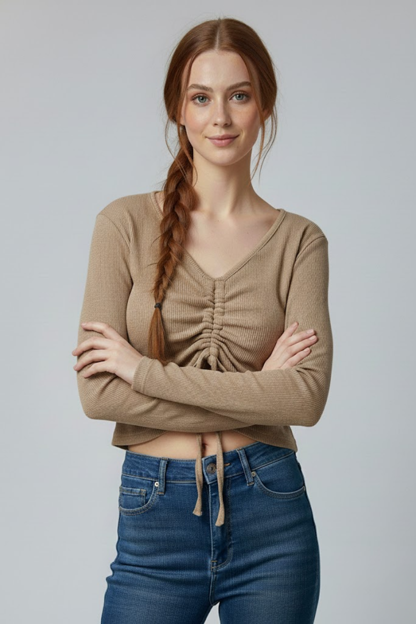 Sütlü Kahve Uzun Kollu Kaşkorse Crop Bluz Büzgülü V Yaka