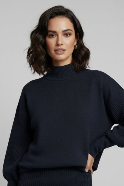 Triko Lacivert Kazak ve Fitilli Elbise İkili Takım