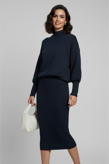 Triko Lacivert Kazak ve Fitilli Elbise İkili Takım