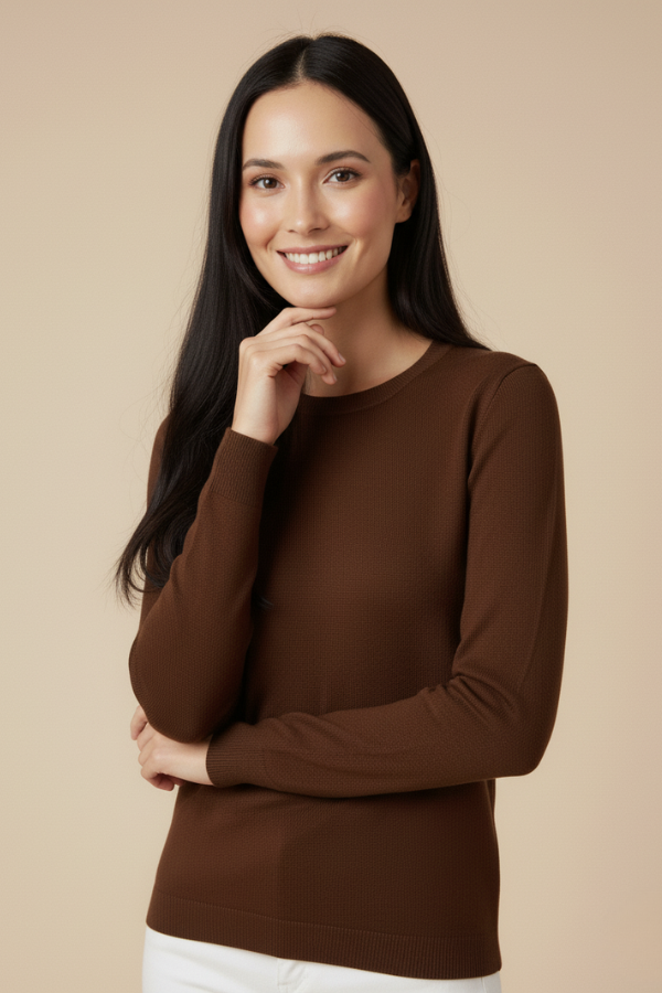 Kadın Kahverengi Triko Yuvarlak Yaka Kazak