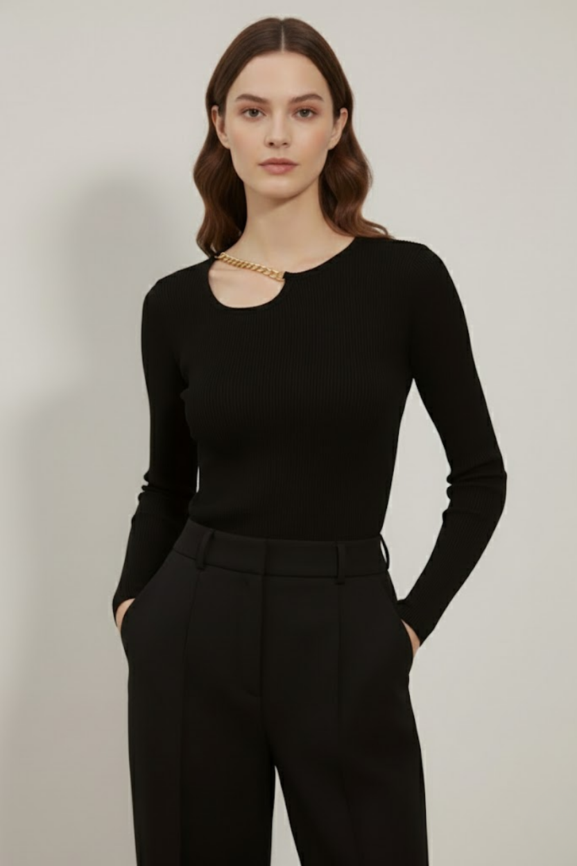 Kadın Siyah Pamuklu Kaşkorse Zincir Detaylı Pencere Yaka Cut Out Slim Fit Esnek Bluz