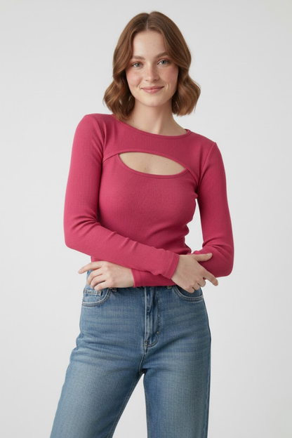 Kadın Pembe Pamuklu Kaşkorse Pencere Yaka Cut Out Detaylı Uzun Kollu Slim Fit Bluz