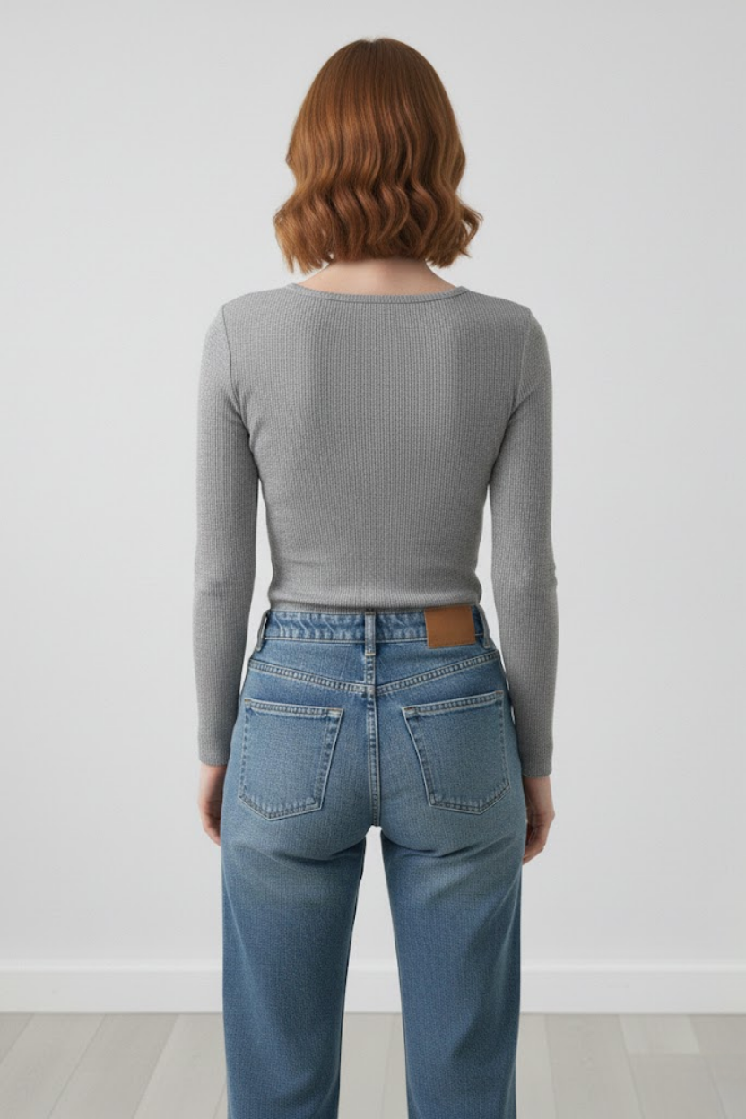 Kadın Melanj Gri Pamuklu Kaşkorse Pencere Yaka Cut Out Detaylı Slim Fit Esnek Bluz