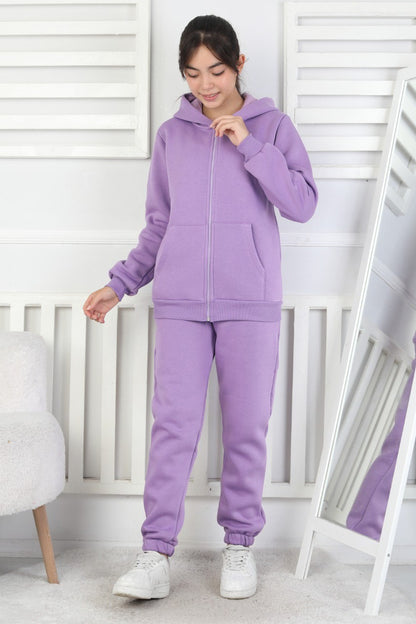 Şardonlu 3 İplik Kapşonlu Kız Çocuk Takım