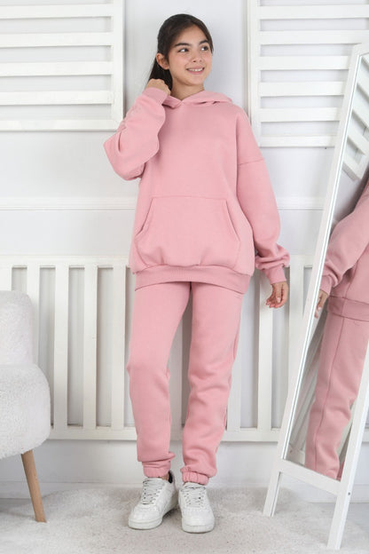 Şardonlu 3 İplik Kapşonlu Kız Çocuk Takım