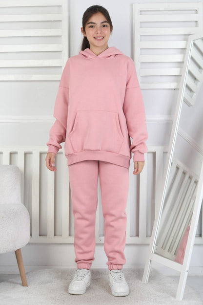 Şardonlu 3 İplik Kapşonlu Kız Çocuk Takım