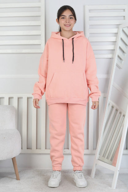 Şardonlu 3 İplik Kapşonlu Kız Çocuk Takım