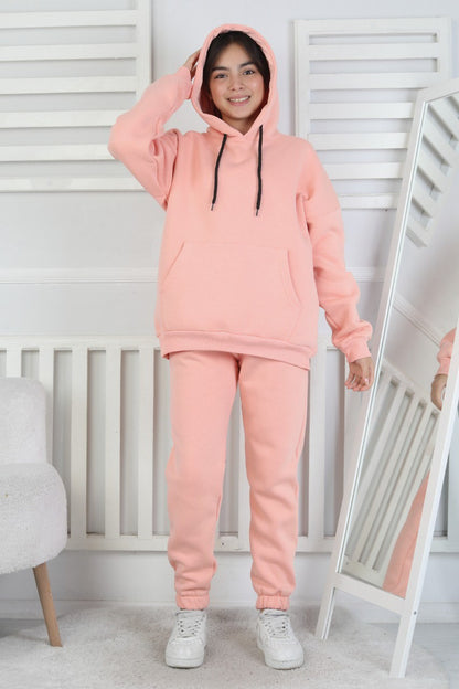 Şardonlu 3 İplik Kapşonlu Kız Çocuk Takım