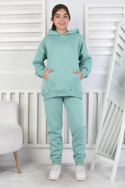 Şardonlu 3 İplik Kapşonlu Kız Çocuk Takım