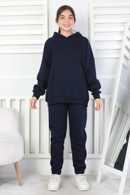 Şardonlu 3 İplik Kapşonlu Kız Çocuk Takım