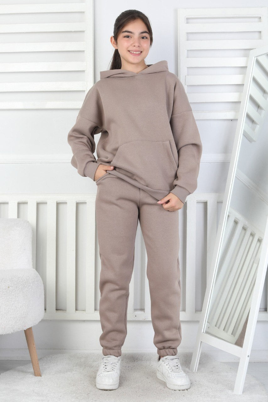 Şardonlu 3 İplik Kapşonlu Kız Çocuk Takım