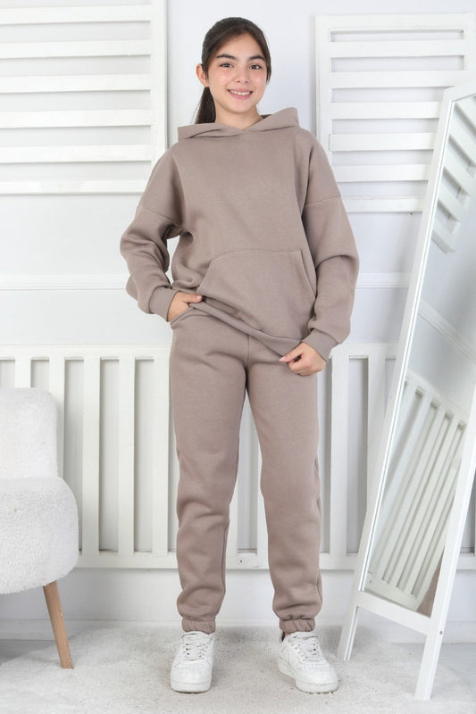 Şardonlu 3 İplik Kapşonlu Kız Çocuk Takım