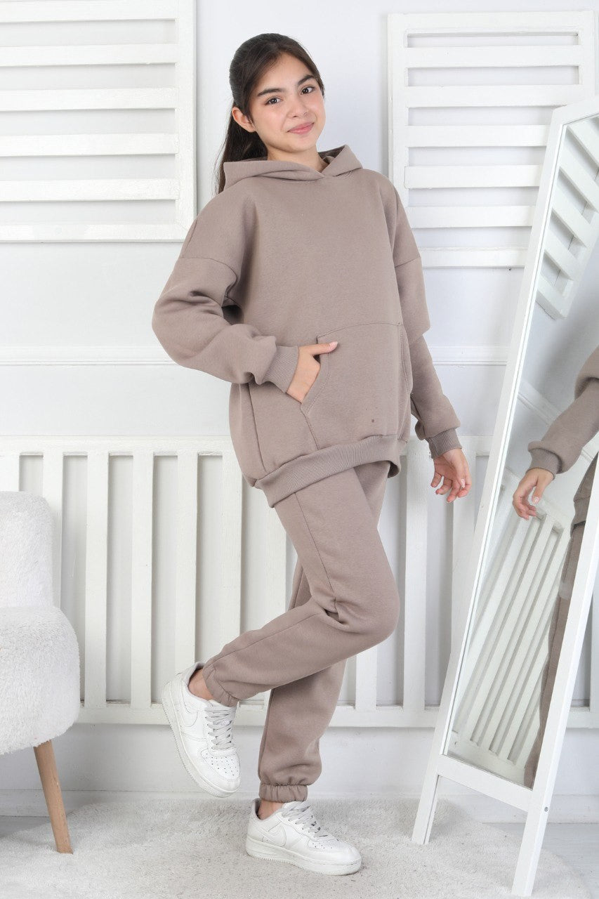 Şardonlu 3 İplik Kapşonlu Kız Çocuk Takım