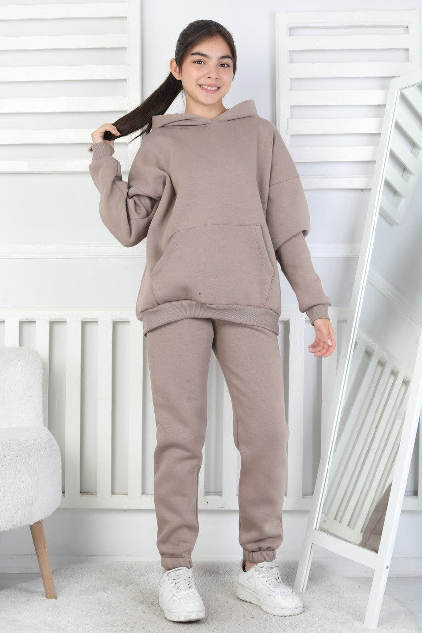 Şardonlu 3 İplik Kapşonlu Kız Çocuk Takım