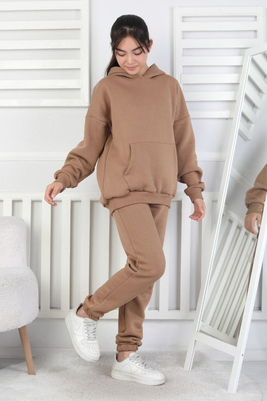 Şardonlu 3 İplik Kapşonlu Kız Çocuk Takım