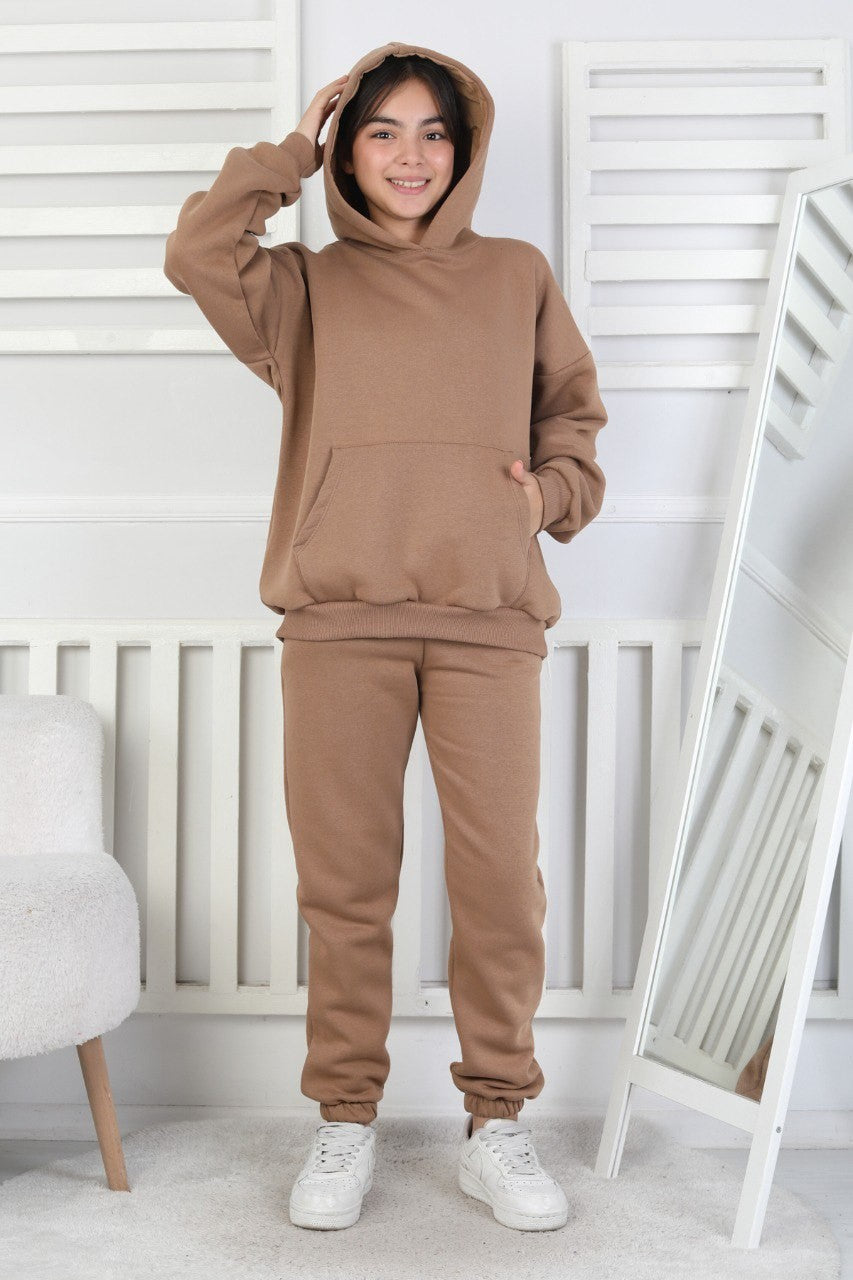 Şardonlu 3 İplik Kapşonlu Kız Çocuk Takım