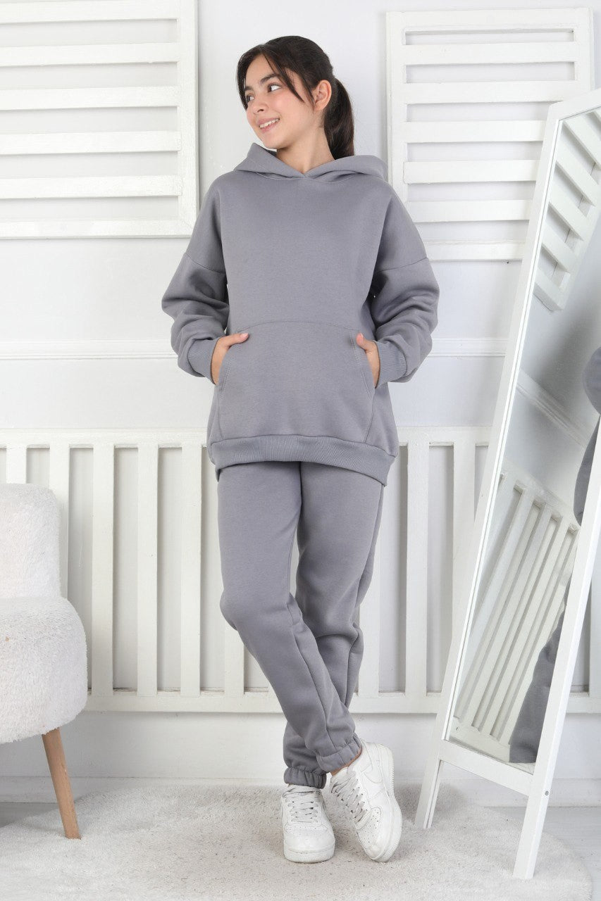 Şardonlu 3 İplik Kapşonlu Kız Çocuk Takım