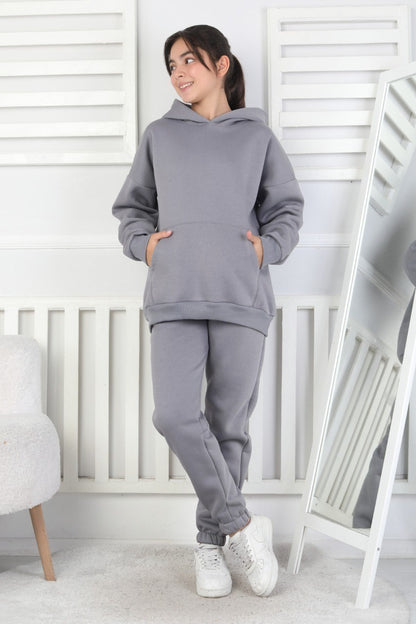 Şardonlu 3 İplik Kapşonlu Kız Çocuk Takım