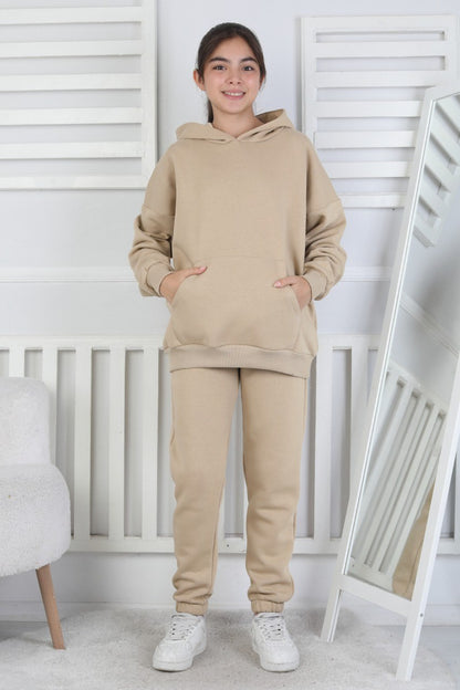 Şardonlu 3 İplik Kapşonlu Kız Çocuk Takım