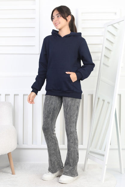 Şardonlu 3 İplik Kapşonlu Kız Çocuk Sweatshirt