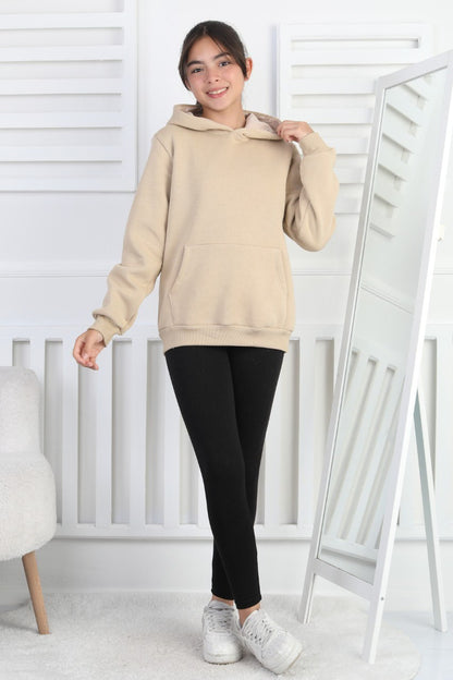 Şardonlu 3 İplik Kapşonlu Kız Çocuk Sweatshirt