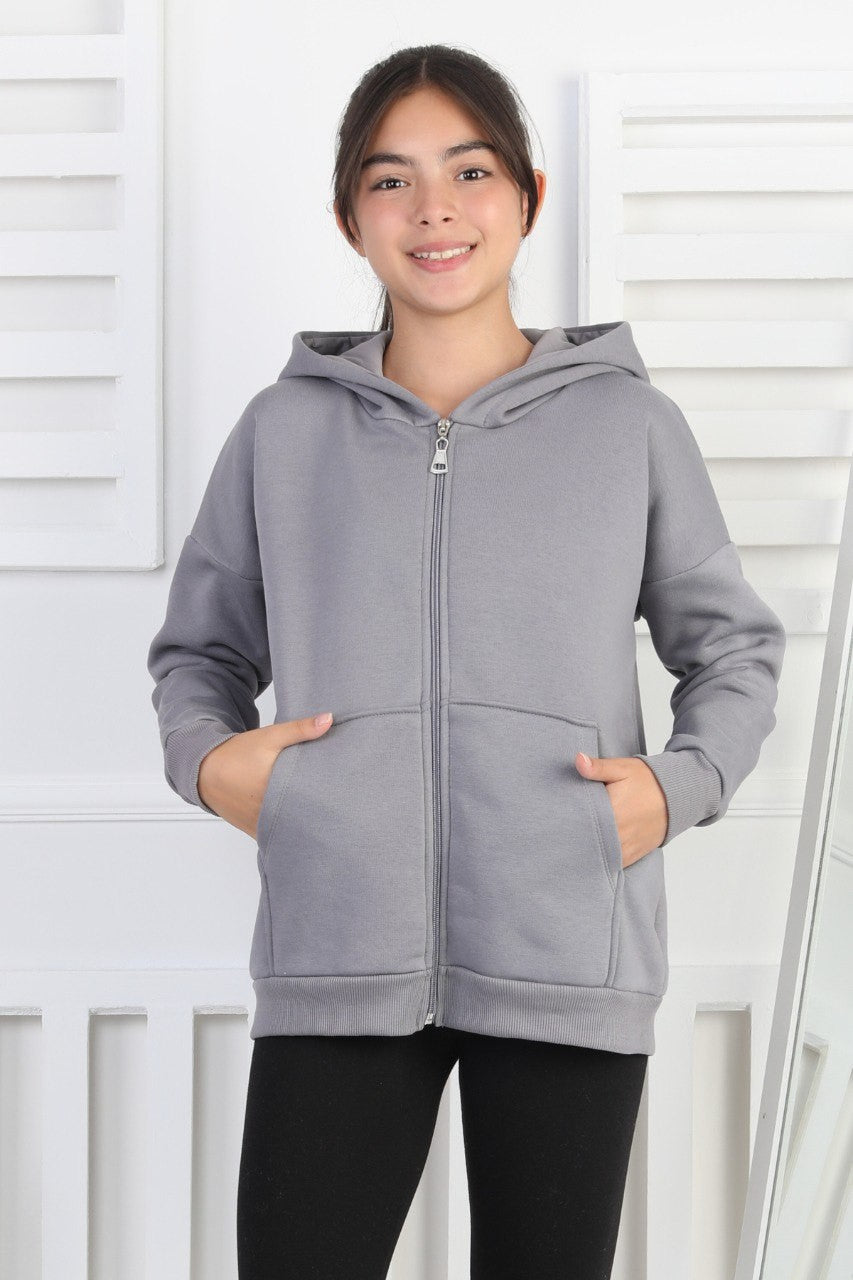 Şardonlu 3 İplik Kapşonlu Kız Çocuk Sweatshirt