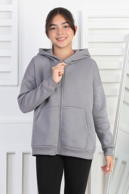 Şardonlu 3 İplik Kapşonlu Kız Çocuk Sweatshirt